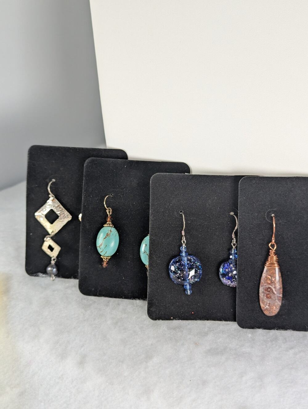 4 prs Earrings lot,fused glass. cutout squares,turquoise/ crystal,red creek NWT